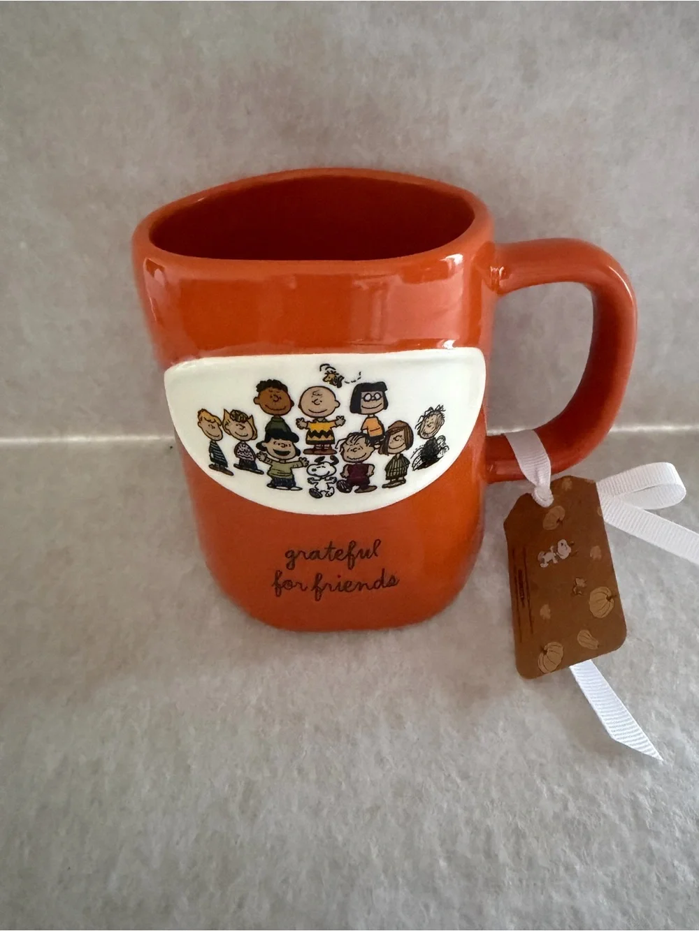 Rae Dunn Orange Peanuts 'Grateful for Friends' Ceramic Mug with Character Panel